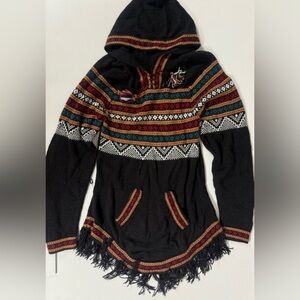 Artesania Edm Alpaca Hooded Tunic Sweater Handcrafted Peru Boho Fringe Aztec L